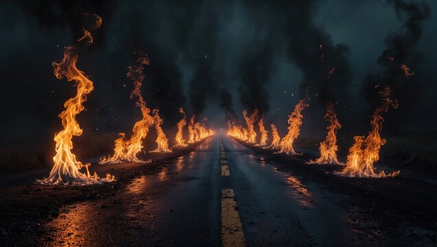 flames engulfing a wet, extended road set against an abstract dark backdrop