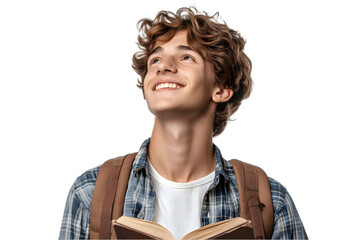Young male student holding a book with a cheerful expression looking upwards on a white background