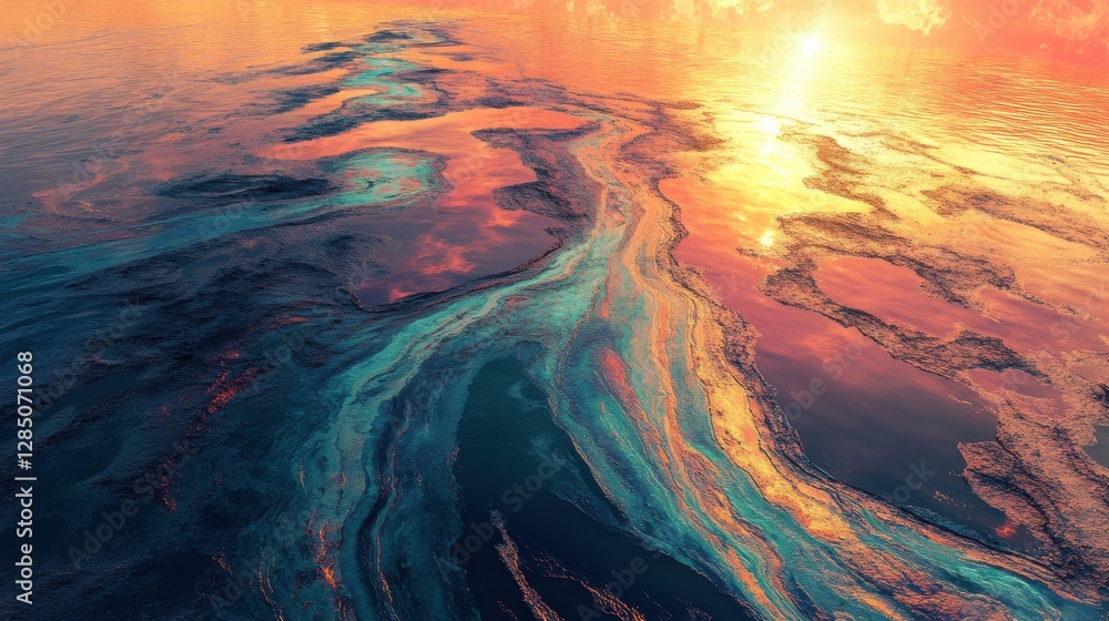 Poster vibrant sunset over calm ocean with colorful reflections and unique surface patterns