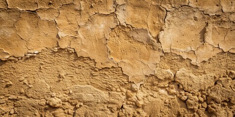 Distressed earthy mud plaster wall with natural texture and uneven surface, made from mixture of soil and water