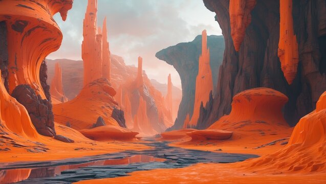 Futuristic orange-themed landscape in the realm of science fiction. Abstract digital art depicting a vibrant and imaginative terrain. - Powered by Adobe