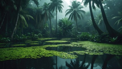 Fototapeta premium A conceptual illustration symbolizing hydrogen as a sustainable energy source represented by a tranquil pond surrounded by untouched jungle.