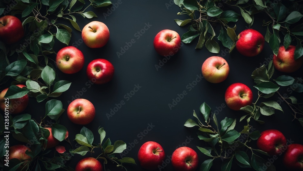 Poster dark background featuring fresh red apples surrounded by green leaves. fruits displayed from a top v