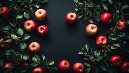 Dark background featuring fresh red apples surrounded by green leaves. Fruits displayed from a top view. No text present.