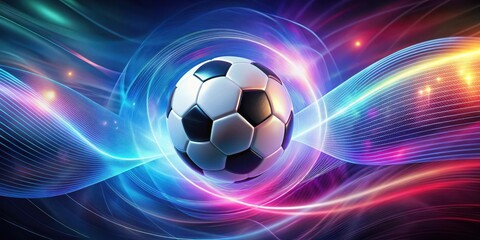 Naklejka premium Vibrant, swirling energy field surrounds a sleek soccer ball set against an abstract background of deep blues and purples, energy field, sports equipment