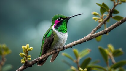 Fototapeta premium Lafresnaya lafresnayi, known as the Mountain Velvetbreast, a vibrant green hummingbird from the Heliantheini tribe in the Lesbiinae subfamily, perched on a branch, native to Colombia, Ecuador, Peru...