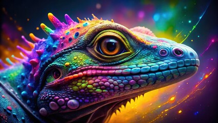Obraz premium Colorful neon reptile head with vibrant splashes of purple blue green yellow and orange hues creating an eye-catching and mesmerizing effect, splash art, reptile head