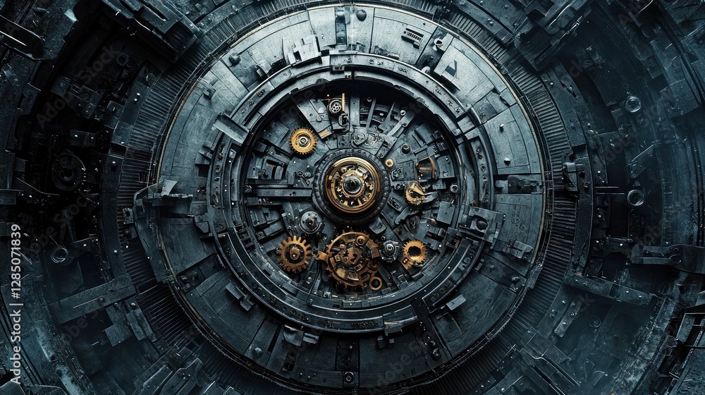 Poster the intricate clockwork mechanism of a colossal machine, a mesmerizing blend of steel and gold gears