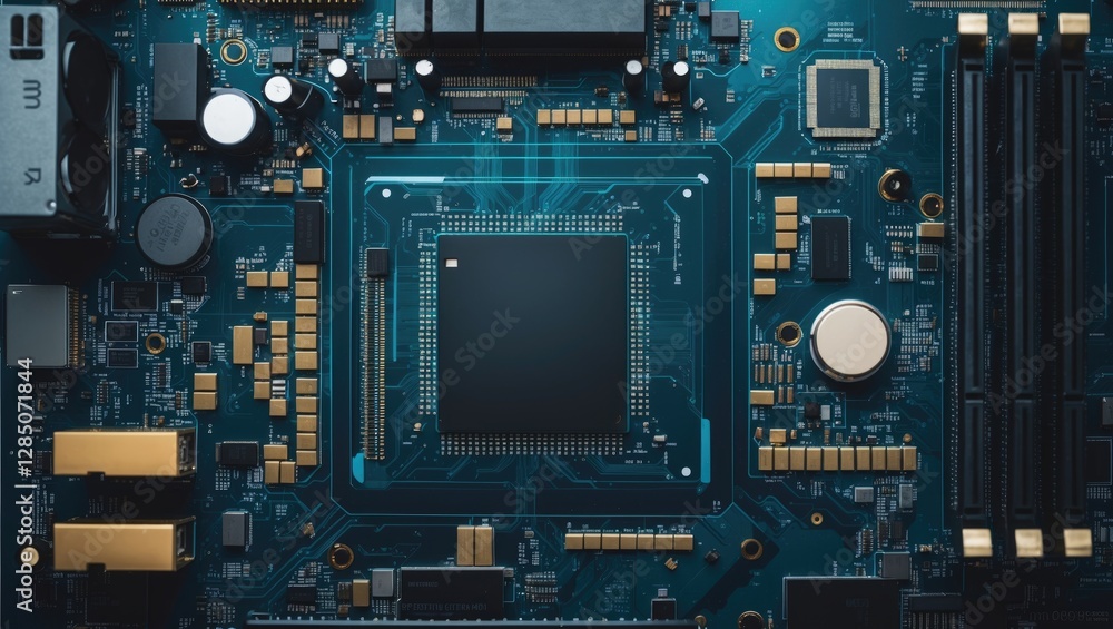 Poster central processing unit concepts within computers. digital chip situated on the motherboard. technol