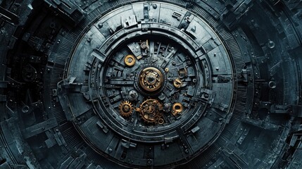 The intricate clockwork mechanism of a colossal machine, a mesmerizing blend of steel and gold gears, evokes a sense of awe and wonder at the complexity of engineering.