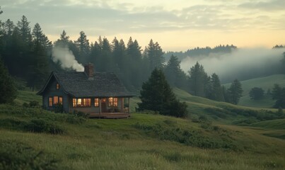 Cozy Cabin in Misty Mountain Valley at Dawn