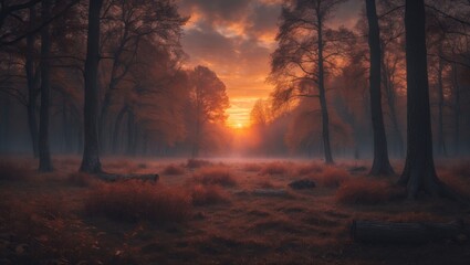 Fototapeta premium mystical forest at dusk during autumn, enchanting scenery