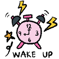 Hand drawn crayon illustration of alarm clock and WAKE UP letters for back to school, kids, children, weekdays, sticker, kid drawing, tattoo, decorations, cute patch, brooch, shirt print, sign, symbol