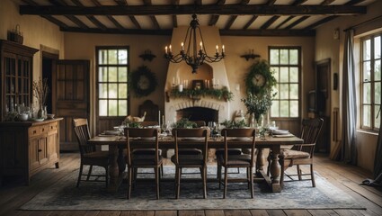 Farmhouse dining room interior featuring a horizontal black frame.