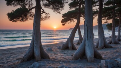 Pine trees by the beach at sunset. Baratti, Maremma, Piombino, Livorno province, Tuscany region, Italy.