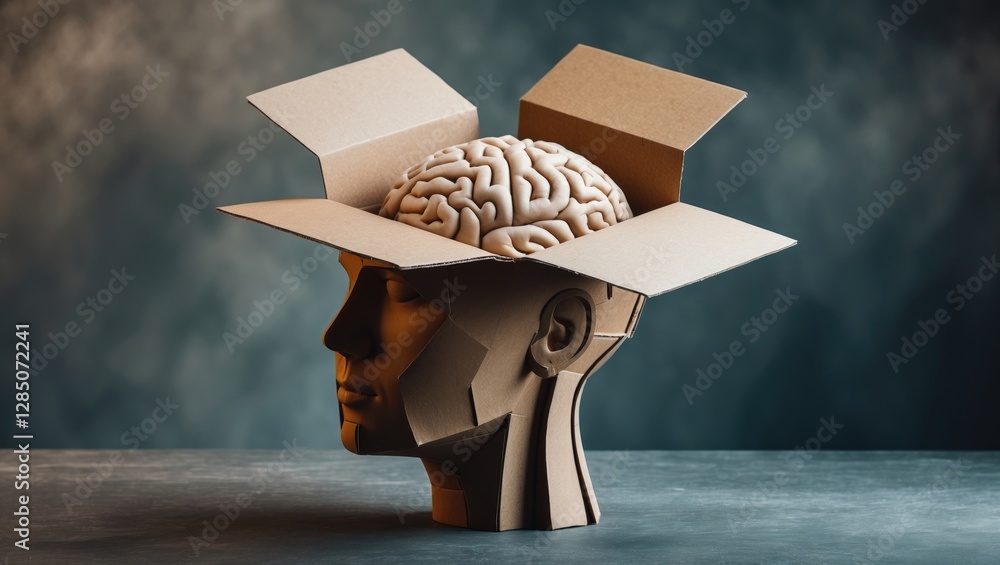 Poster innovative thinking represented by an open three-dimensional cardboard head structure, illustrating 