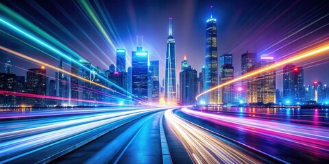 Fototapeta premium Bright neon light streaks in motion resembling futuristic speed, illuminated cityscape at night, nighttime, neon lights