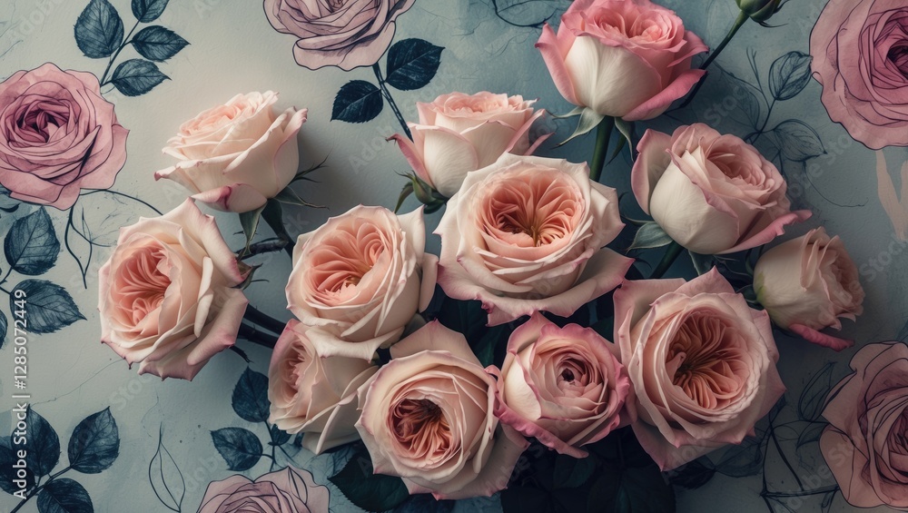 Poster roses arranged with abstract floral patterns. the design features sketched flowers in a continuous s