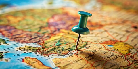 Close-up of a destination pin on a map with selective focus, geography, travel,  geography,travel, spot