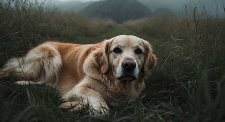 Retriever Relaxing Grassy Field 