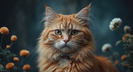 Fototapeta premium Image of a fluffy orange feline surrounded by flowers