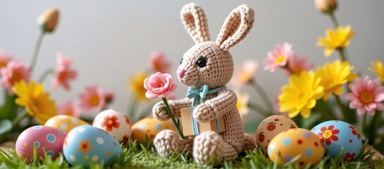 Naklejka premium Crocheted Easter Bunny with Pastel Eggs and Flowers, Festive Springtime Scene with Handmade Rabbit, Decorated Eggs, and Floral Accents