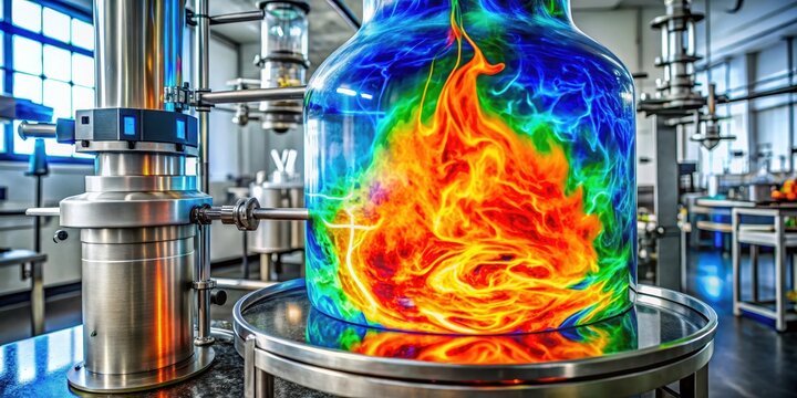Detailed chemical reaction vessel with swirling heat map during exothermic synthesis in a laboratory setting, showcasing intense thermal energy and gas dynamics , vessel, thermal energy