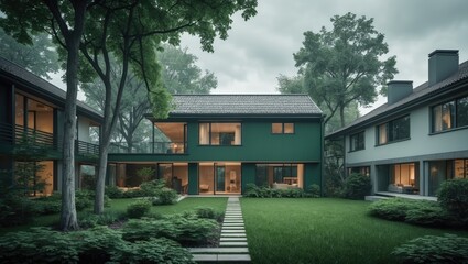 Fototapeta premium Residential complex featuring a green house surrounded by trees and conventional homes. Focus on energy efficiency, low maintenance costs, and zero carbon emissions. Emphasis on conservation and en...