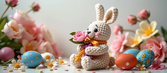 Obraz premium Crocheted Easter Bunny with Pastel Eggs and Pink Flowers, Festive Springtime Scene with Handmade Rabbit, Decorated Eggs, and Floral Accents