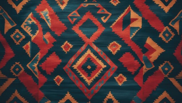 Hand-drawn continuous rhombus design featuring triangular chevrons. Vibrant Mexican geometric pattern in red. Diamond shapes with ethnic heritage. Abstract Ikat tile inspired by traditional native ...