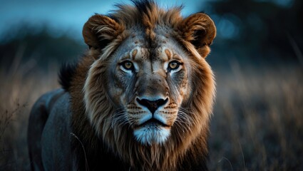 Obraz premium A young male lion gazes directly at the camera.
