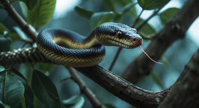 Charming Indochinese rat snake (Ptyas korros) gracefully crawls along a tree amidst a backdrop of lush green leaves. This species, known as the Chinese ratsnake or Indo-Chinese rat snake, is native...