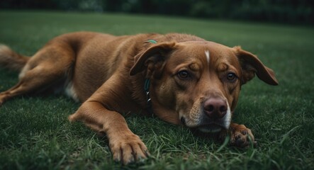 Canine resting on lush green grass