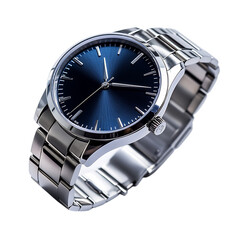 A Mens Watch with Stainless Steel Band and Dark Blue Dial Isolated on Transparent Background