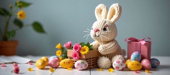 Crocheted Easter Bunny with Flowers, Eggs, and Gift in Basket