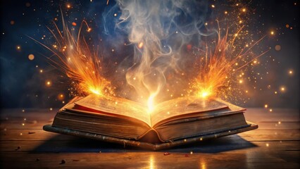 Mysterious ancient tome surrounded by sparks and smoke, magical energy, sparks,  magical energy, sparks, mystical book