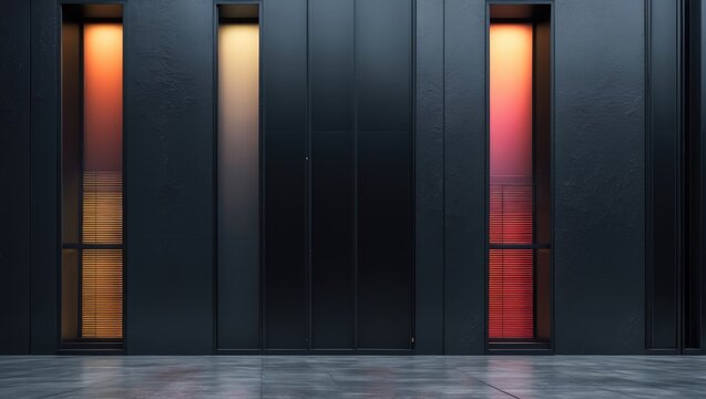 Expansive windows in a streamlined abstract architectural design featuring glossy black and vibrant colored wire indoors.