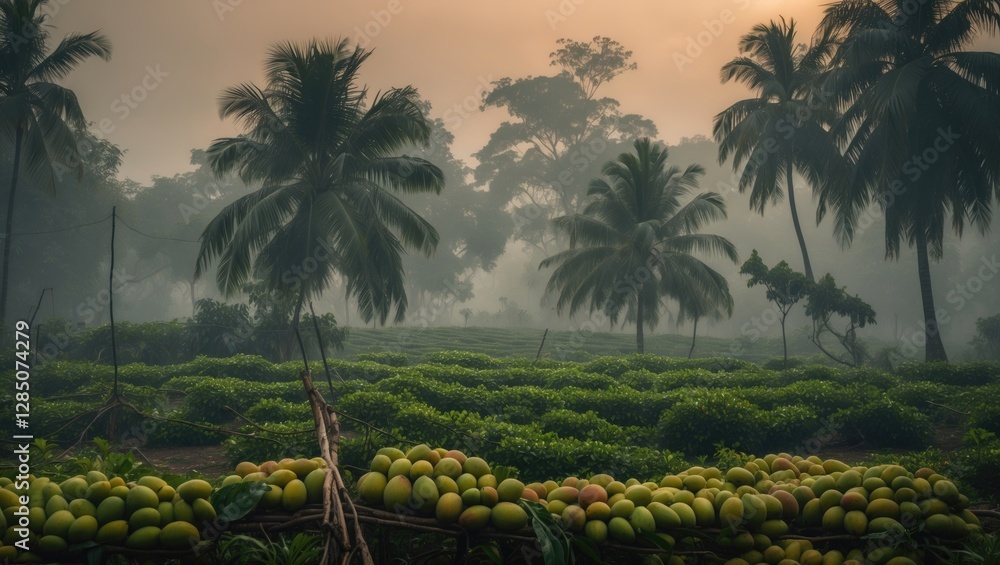 Poster mango plantation with hazy tree background