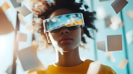 A tech-savvy person using augmented reality glasses, with virtual elements floating in the air