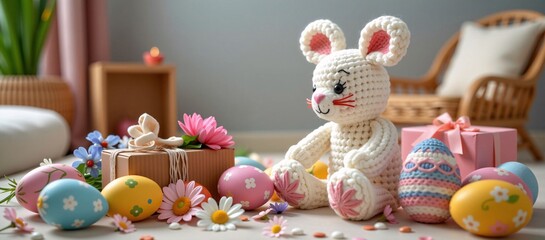 Crocheted Easter Bunny with Flowers, Eggs, and Gifts on Floor