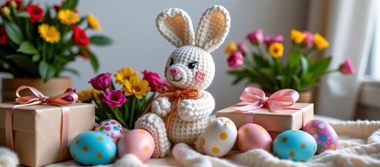 Crocheted Easter Bunny with Tulips, Flowers, Eggs, and Gifts on Table