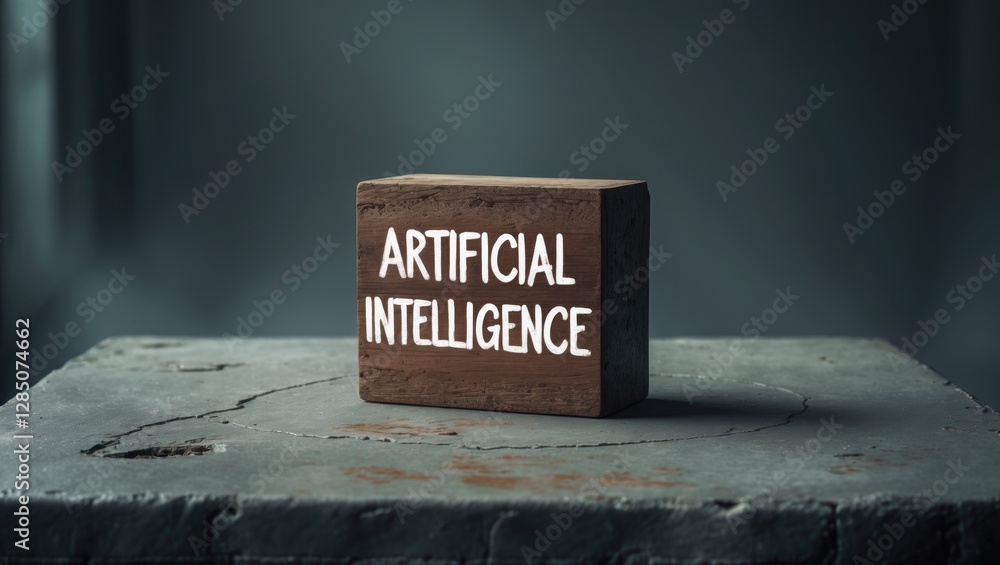 Poster on a wooden block, the phrase artificial intelligence is displayed. this writing on the block could 