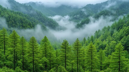 Lush Green Pine Forest Covered in Mist Under Overcast Sky Scenery Nature Landscape with Dense Evergreen Trees and Hazy Mountains in Background