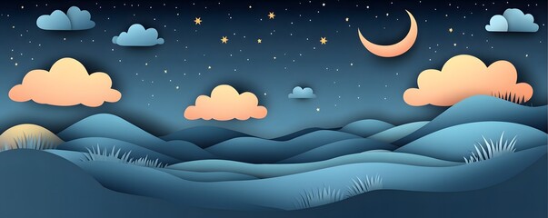 Stylized layered landscape illustration of nighttime with moon and clouds