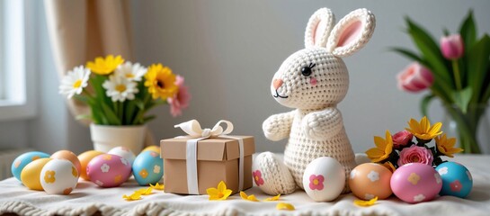 Crocheted White Easter Bunny with Flowers, Eggs, and Gift on Table