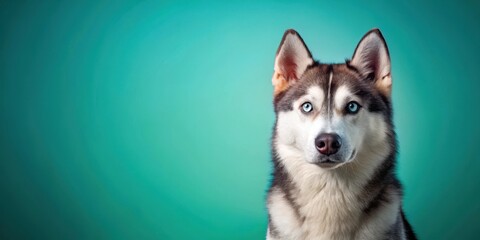 Fototapeta premium Siberian husky dog sitting on turquoise background with big brown eyes and tilted head, looking at something off-camera, adorable puppy, cute animals