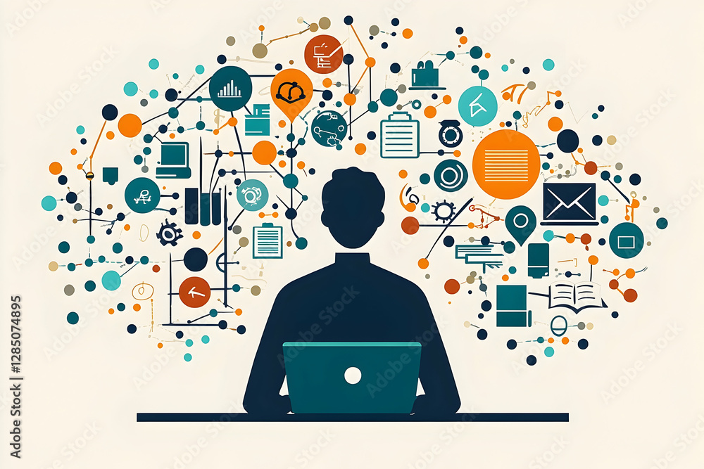 Poster conceptualization of a person connecting with diverse icons symbolizing modern digital communication