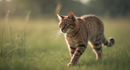 Obraz premium A Serengeti cat strolling through the grass in an outdoor setting.