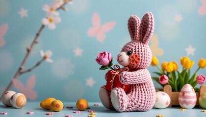 Crocheted Pink Easter Bunny with Rose and Eggs on Table