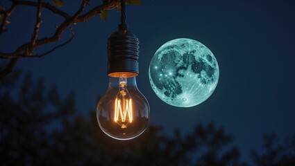 Creative image editing featuring a light bulb alongside a moon in a nighttime setting.